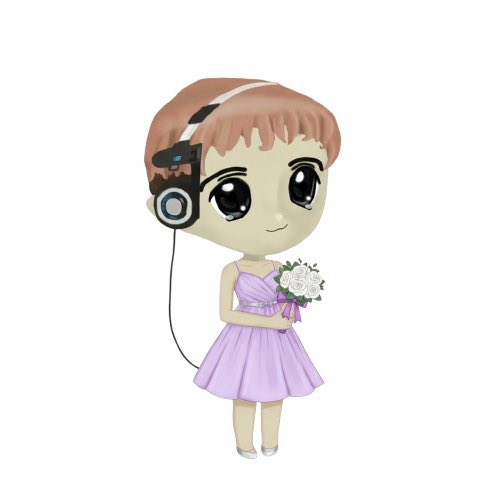 A 3D-rendered chibi-style character of a girl with large eyes wearing a light purple dress and headphones, holding a small bouquet of white roses.