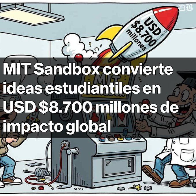 A cartoon illustration of scientists working on a machine features text reading 'MIT Sandbox convierte ideas estudiantiles en USD $8.700 millones de impacto global' and a rocket labeled 'USD $8.700 millones'.