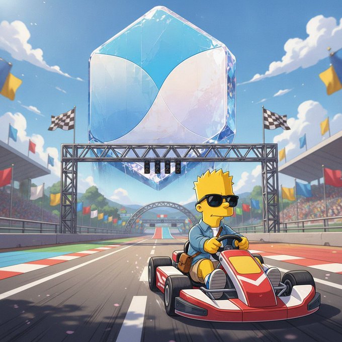 A cartoon-style illustration of Bart Simpson wearing sunglasses while driving a red go-kart on a race track, with a giant translucent crypto-style cube and floating Ethereum flags in the background.