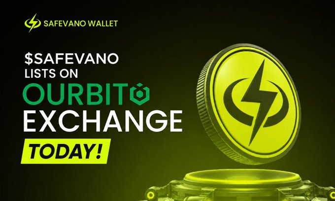 A promotional graphic for Safevano Wallet announces that $SAFEVANO is listing on the OurBit Exchange today, featuring a glowing green 3D coin with a lightning bolt logo against a dark background to highlight the milestone noted in the accompanying post.