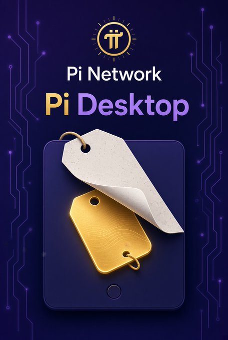 Promotional graphic for 'Pi Network' and 'Pi Desktop' featuring a Pi logo at the top and an illustration of gold and white tags on a dark blue circuit-board background.