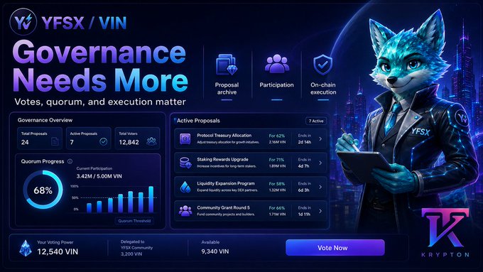 A cryptocurrency governance dashboard for "YFSX / VIN" titled "Governance Needs More," featuring a blue anthropomorphic fox character and details like "Total Proposals 24," "Quorum Progress 68%," and voting information.