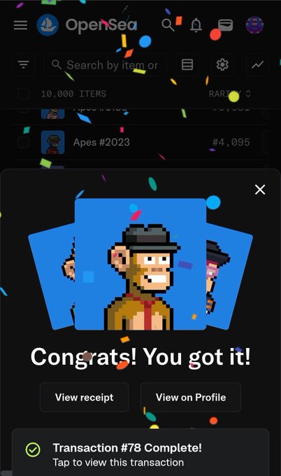 An OpenSea app screenshot celebrating an NFT purchase with confetti, showing 'Congrats! You got it!' for a pixelated ape NFT, with a notification at the bottom reading 'Transaction #78 Complete! Tap to view this transaction'.