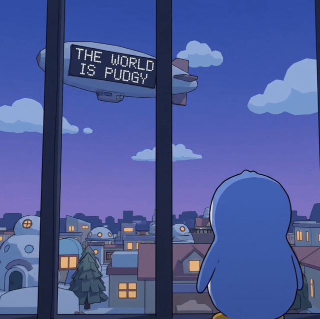 An animated scene showing a blue penguin-like character looking through window bars at a blimp displaying 'THE WORLD IS PUDGY' over a snowy town at dusk.