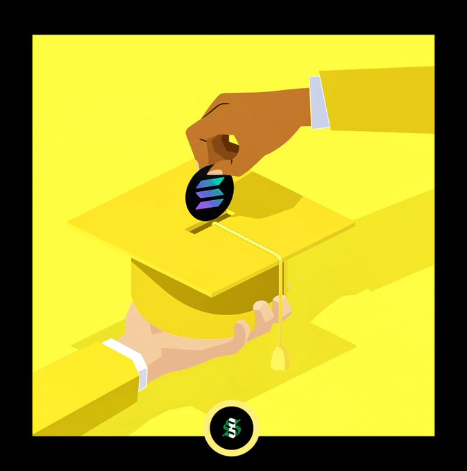 An illustration of two hands exchanging a graduation cap that holds a Solana logo coin on a yellow background.
