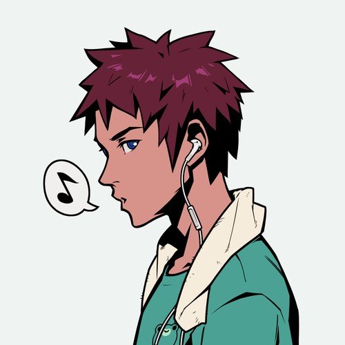 An anime-style illustration shows a young man with spiky maroon hair wearing a green hoodie and white earbuds, listening to music as indicated by a music note speech bubble. The image complements the post's upbeat "Good Morning" message, evoking a fresh start to the new week with music as motivation.