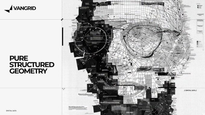 Black and white wireframe and data visualization of a human face with the "VANGRID" logo and the text "PURE STRUCTURED GEOMETRY".