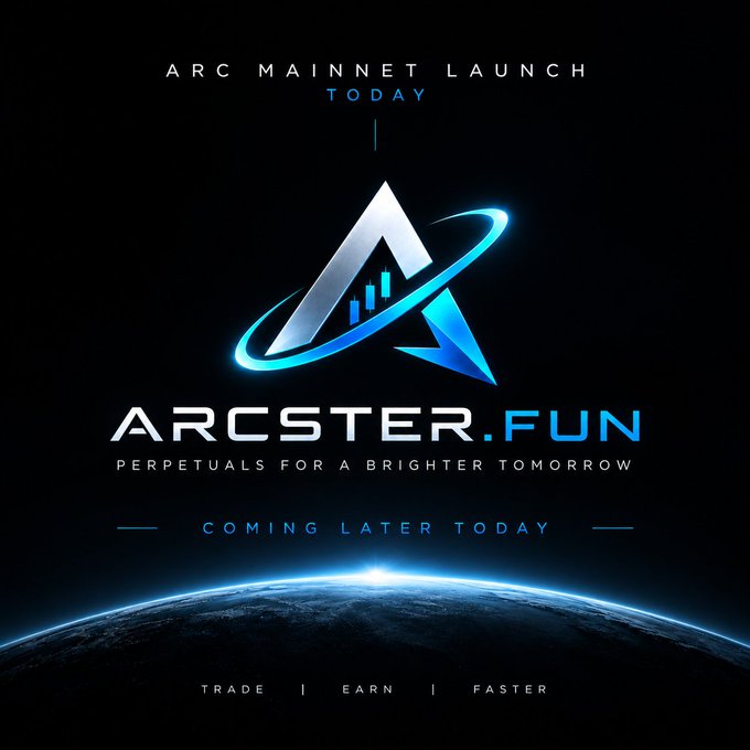 A promotional graphic for 'ARC MAINNET LAUNCH TODAY' featuring the Arcster.Fun logo with text reading 'PERPETUALS FOR A BRIGHTER TOMORROW' and 'COMING LATER TODAY - TRADE | EARN | FASTER' displayed over an Earth backdrop.