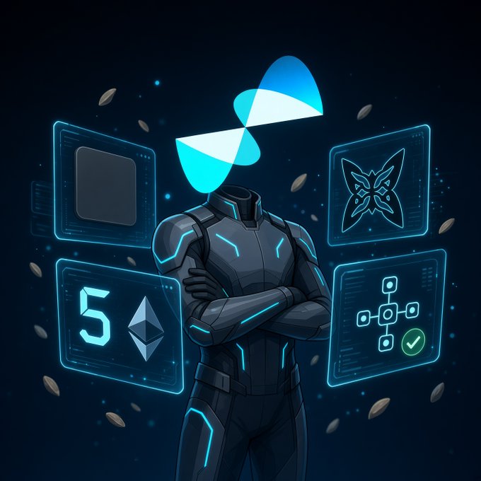 An AI-style digital illustration shows a futuristic armored figure with a glowing blue propeller-like head, surrounded by floating screens displaying a '5' with an Ethereum logo, a flower symbol, and a network diagram.