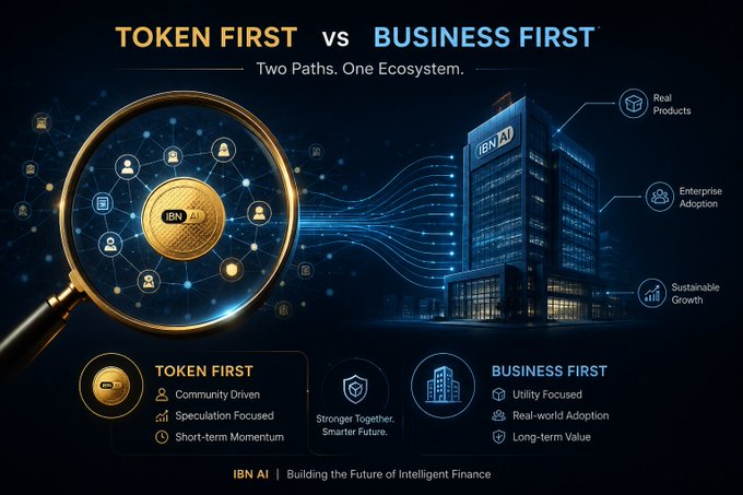 An infographic comparing "TOKEN FIRST vs BUSINESS FIRST" for IBN AI, highlighting differences like Community Driven vs Utility Focused, with icons showing real products and enterprise adoption.