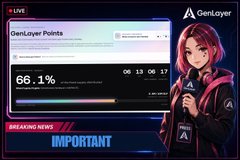 A GenLayer live stream displays a "GenLayer Points" dashboard showing a 66.1% allocation on a progress bar, alongside a female anime-style character mascot and a "Breaking News: IMPORTANT" banner, complementing the post about attending the GenLayer community meetup.