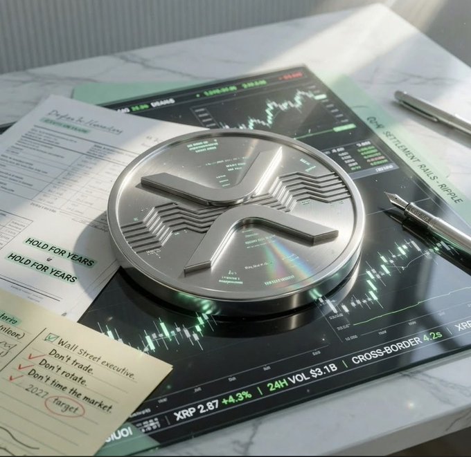 A silver XRP (Ripple) cryptocurrency coin rests on top of financial charts and documents with handwritten notes including 'HOLD FOR YEARS' and 'Wall Street executive.'
