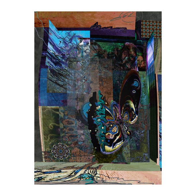 The image features a vibrant digital expressionist artwork depicting a stylized, ornate butterfly with iridescent blue and teal wings rendered against a layered collage of textured patterns, geometric shapes, and abstract backgrounds in deep purples, blues, and earthy tones. A mandala-like design and decorative tile patterns add intricate detail, while an illegible signature appears at the top—fittingly aligning with the post promoting the "Butterfly Collection" of Digital Expressionism releasing July 30th on @Ninfa_io.
