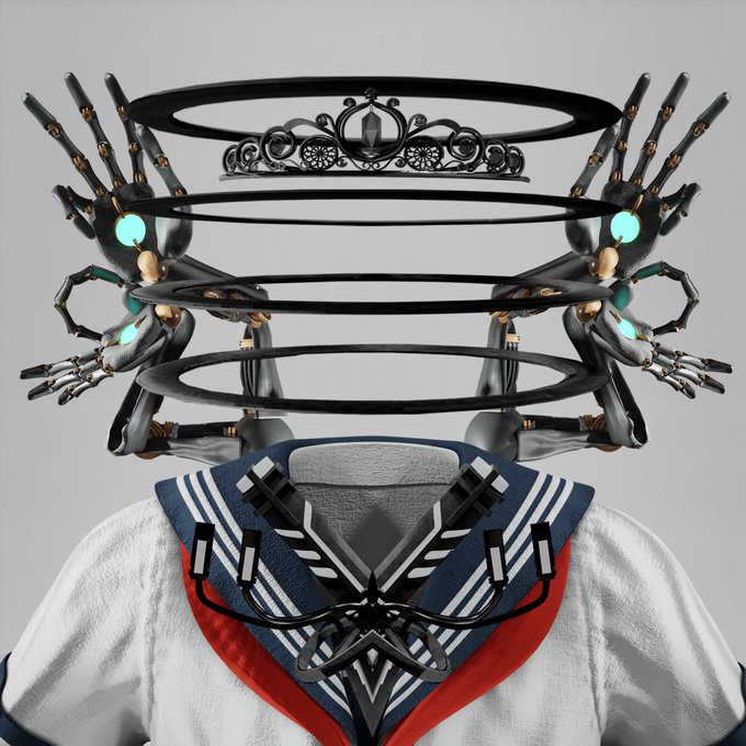 A surreal 3D rendering of a figure wearing a sailor-style uniform with black ribbon details, where the head is replaced by multiple black rings with mechanical/robotic hands emerging from them, featuring glowing turquoise accents.