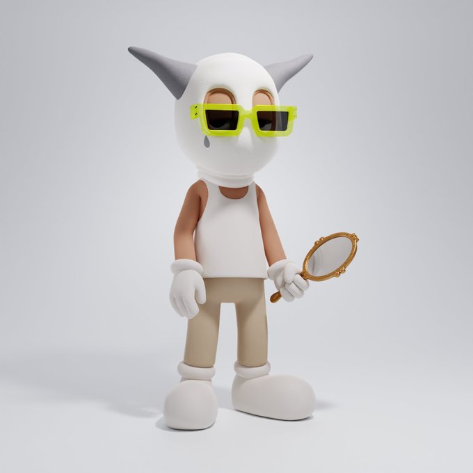 A 3D-rendered figure with a white skull head featuring gray horns, wearing yellow sunglasses, a white tank top, beige pants, and holding a hand mirror.