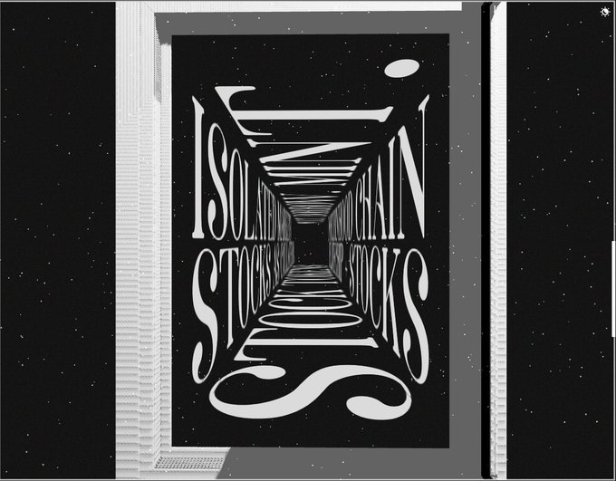 A black and white optical illusion artwork with the text 'ISOLATION STINKS' formed by walls that create a receding tunnel perspective, with a small figure at the end.