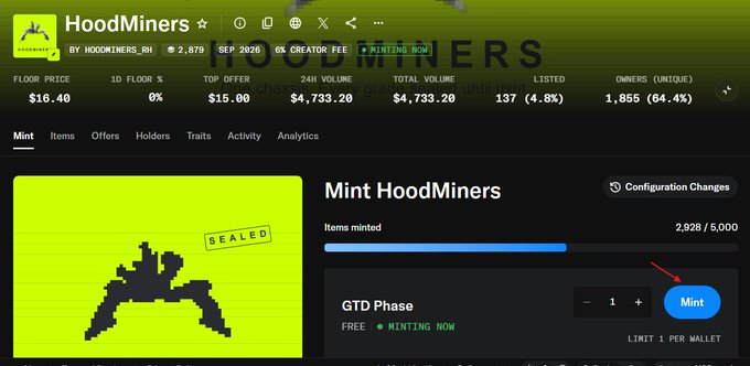 Screenshot of the HoodMiners NFT collection minting page on what appears to be an analytics platform, showing 2,928/5,000 items minted, a floor price of $16.40, and a "GTD Phase" minting section with a blue Mint button highlighted by a red arrow. The image corresponds to the post announcing the live GTD Phase mint for the HoodMiners_RH collection at a $16 floor price.