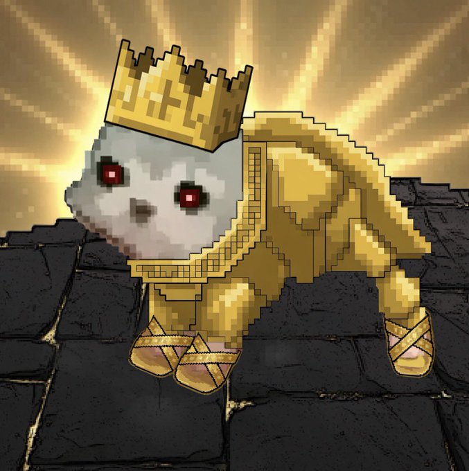 A pixel art image of a small grey dog wearing a golden crown and a golden outfit with ballet-style shoes, standing on a stone surface with a halo of light behind it.