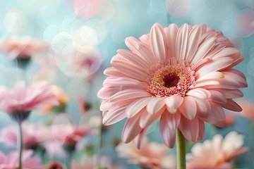 A close-up of a pink gerbera daisy in full bloom with a soft bokeh background of other pink flowers and turquoise tones.