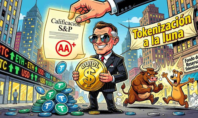 A colorful cartoon illustration depicting a man in a suit holding a 'BUILD' coin and a 'Calificación S&P AA+' document, with a banner reading 'Tokenización a la luna', a charging bull, and a bear in the background.