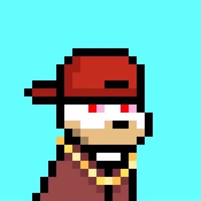 A pixel art Doginal Dog character with a red backwards snapback, red eyes, and a gold chain is displayed against a cyan background, representing one of only three rare "Gold Chain Dog" traits among the 10,000-piece NFT collection mentioned in the post.