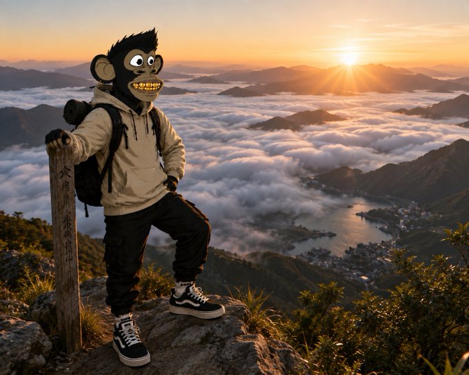 A stylized monkey character in a hoodie and backpack stands triumphantly atop a misty mountain peak at sunrise, with a "226,000" milestone marker beside them—mirroring the post's message of quiet, early-morning grind and silent momentum as the city awakens below.