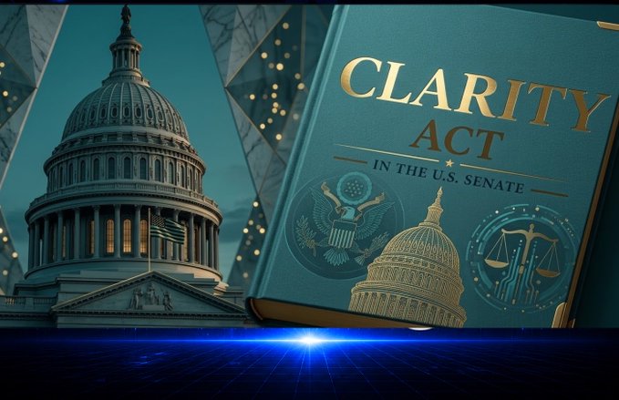 A graphic featuring the U.S. Capitol building alongside a teal book titled 'CLARITY ACT IN THE U.S. SENATE' adorned with government seals and imagery.