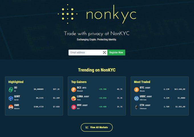 The homepage of 'NonKYC', a privacy-focused crypto exchange, features a registration email field and trending market data including IXI, QORT, BC2/BTC, LUNA/USDT, and BTC/USDT.