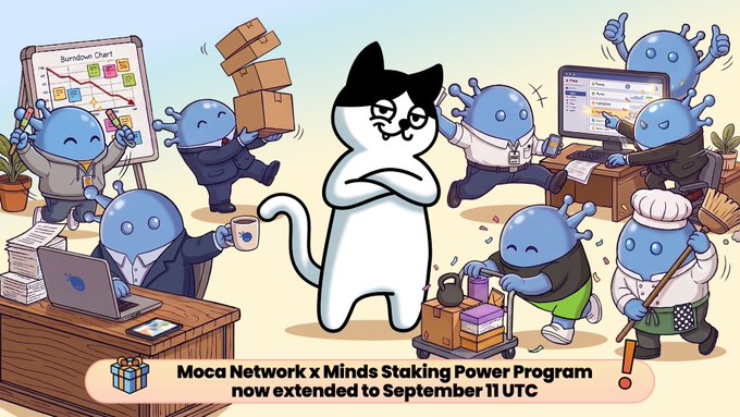 A cartoon white cat with a grumpy expression stands at the center while blue, blob-like characters scurry around carrying boxes, working on laptops, and pushing carts in a busy office scene. The image features the text "Moca Network x Minds Staking Power Program now extended to September 11 UTC," directly illustrating the post's announcement that the deadline to convert Staking Power into Cognition Credits has been extended to September 11, 23:59 UTC.