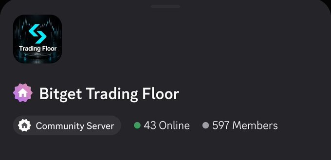 Discord server preview for 'Bitget Trading Floor' showing it as a Community Server with 43 Online and 597 Members, featuring a dark trading-themed icon.