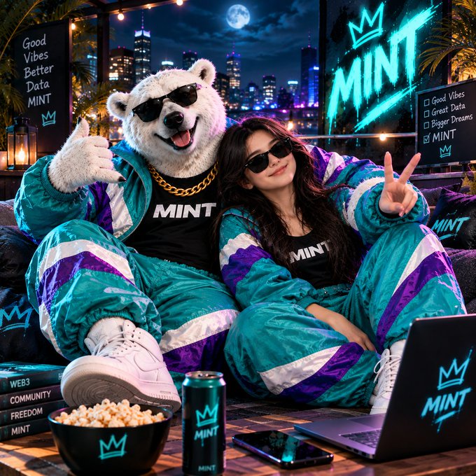 An AI-generated image of a polar bear wearing sunglasses and a 'MINT' shirt alongside a woman with sunglasses, both in teal and purple tracksuits, posing with a peace sign at a night rooftop lounge with a city skyline backdrop.