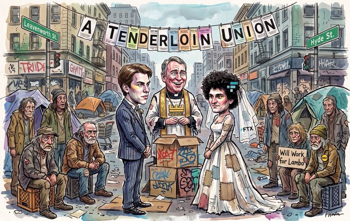 A stylized illustration depicts a chaotic street scene with a banner reading "A TENDERLOIN UNION" strung between buildings at "Leavenworth St" and "Hyde St," showing a well-dressed couple beside a clergy figure amid homeless individuals and cardboard boxes. The post uses the image ironically to frame its economic thesis—the cartoon's juxtaposition of elite figures against urban poverty and makeshift "Will Work for Lambo" signs visually echoes the essay's argument about wealth disparity, AI bubble dynamics, and anticipated monetary stimulus (brrr).