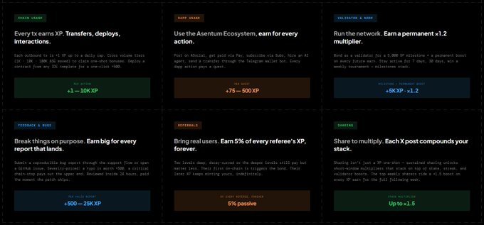 A dark-themed dashboard detailing various ways to earn XP within the Asentum Ecosystem, including Chain Usage, Swap Usage, Validation & Nodes, Feedback & Bugs, Referrals, and Sharing, with corresponding XP multipliers.