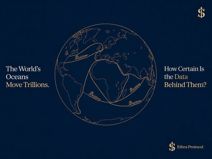 A dark blue promotional graphic for Ethex Protocol featuring a gold globe with ship routes, displaying the text 'The World's Oceans Move Trillions. How Certain Is the Data Behind Them?'