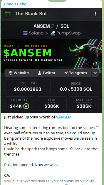A trading interface screenshot from "Chad's Cabal" displays the Solana memecoin $ANSEM, showing a price of $0.0003863, a market cap of $386K, and liquidity of $44K on PumpSwap, with a bullish announcement of a $10K position taken on rumors of an explosive upcoming move. This image represents the early entry point referenced in the post, which claims $ANSEM later surged over 1100x to a $420M market cap, generating substantial gains for early buyers.