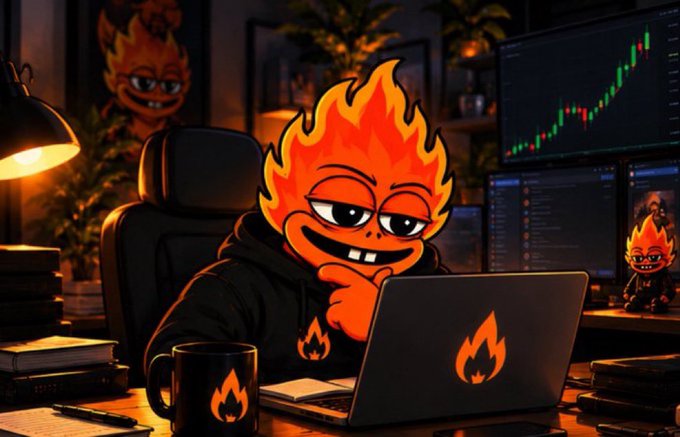 A cartoon illustration of a flame-headed character with a mischievous grin working on a laptop at a desk, surrounded by trading charts on monitors, a flame-decorated mug, and flame-themed merchandise.