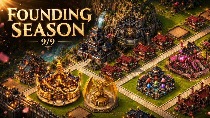 Promotional graphic for 'FOUNDING SEASON 9/9' featuring an isometric view of an ornate Asian-style game city with traditional buildings, gardens, and a golden statue.