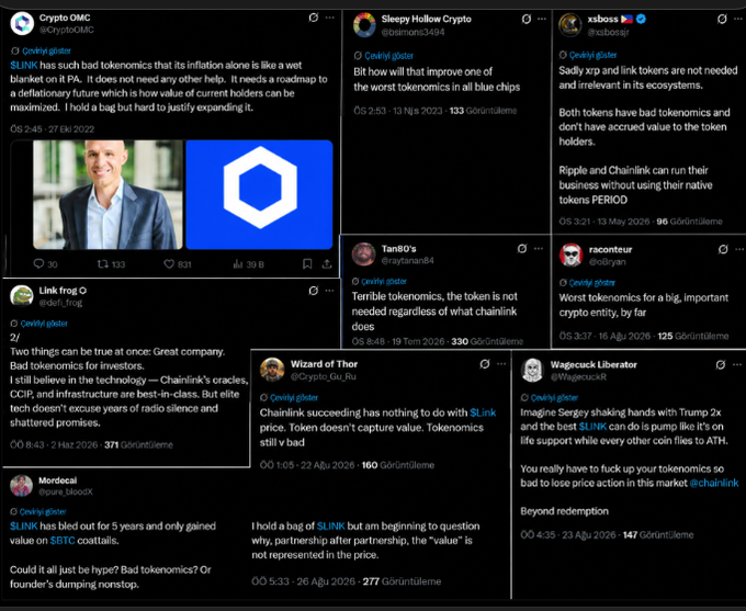 A collection of social media posts criticizing the tokenomics of $LINK (Chainlink), with users like Crypto OMC, Sleepy Hollow Crypto, and others questioning the coin's value and inflation on platforms like X.