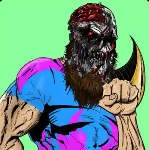 A stylized illustration of a zombie-like character with an exposed red brain, glowing red eye, and beard, wearing a blue and pink costume and holding a curved blade against a green background.