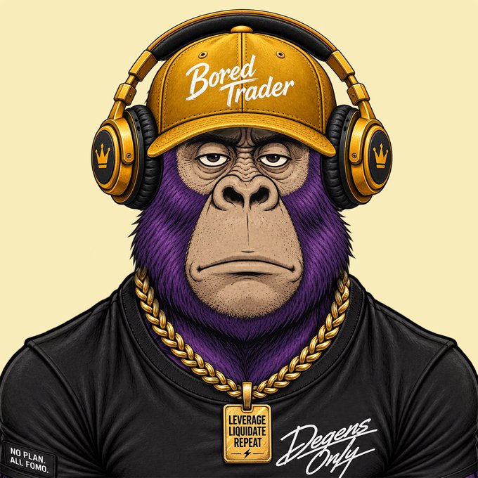 A cartoon gorilla with purple fur wearing gold headphones, a yellow 'Bored Trader' cap, a black shirt, and a gold chain with a 'LEVERAGE LIQUIDATE REPEAT' dog tag.