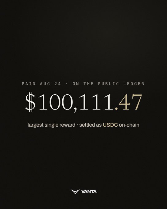 A minimalist black graphic from Vanta highlights "$100,111.47" as the "largest single reward" paid on August 24 and "settled as USDC on-chain," tying directly to the post's emphasis on transparency by showcasing the publicly verifiable reward figure.