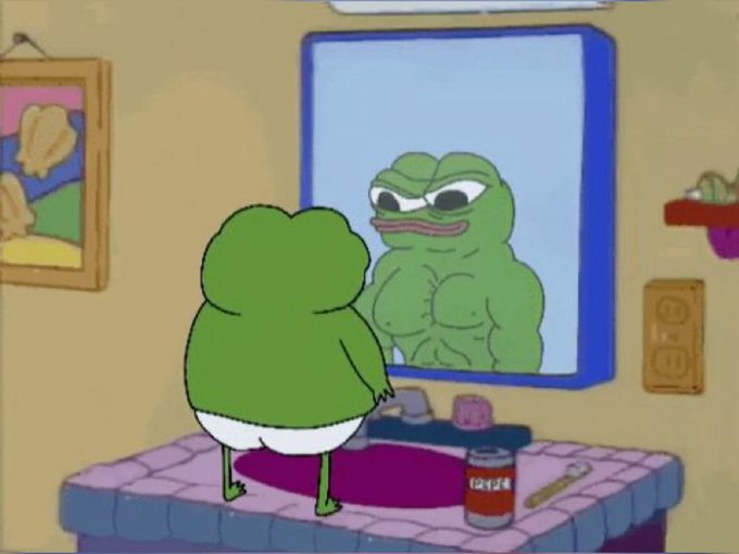 An animated scene of a cartoon frog wearing only a white diaper standing on a bathroom counter, looking at its muscular reflection in the mirror.