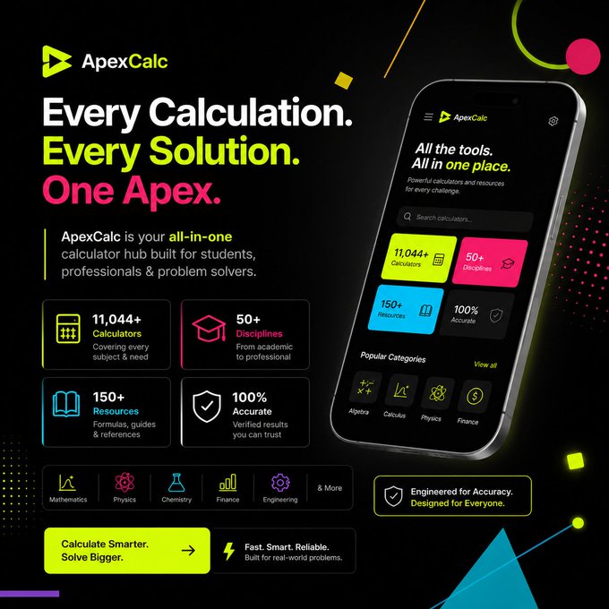 Marketing landing page for ApexCalc, an all-in-one calculator app featuring 11,044+ calculators, 50+ disciplines, and 150+ resources for students and professionals.
