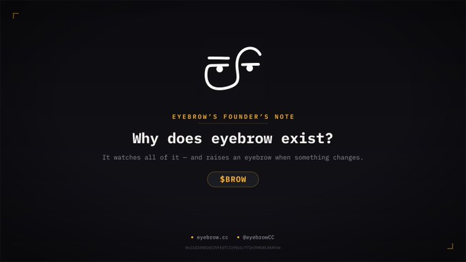 A webpage section titled 'EYEBROW'S FOUNDER'S NOTE' asking 'Why does eyebrow exist?' with the explanation 'It watches all of it - and raises an eyebrow when something changes.' and a '$BROW' token button.