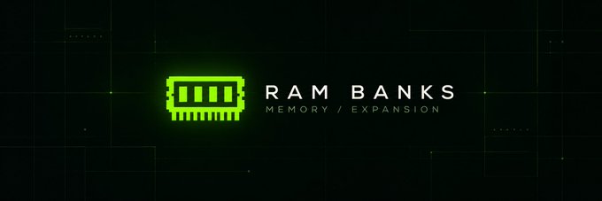 A dark digital banner featuring a glowing green RAM chip icon next to the text 'RAM BANKS MEMORY / EXPANSION.'