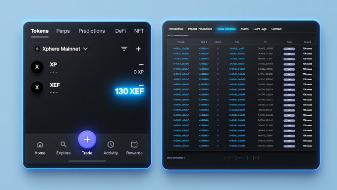 A digital cryptocurrency trading interface displays two panels: a "Trade" tab showing a balance of 0 XP and 130 XEF tokens, and a "Token Transfers" log listing BUSD/XEF transactions. The image relates to the post by illustrating the user's XEF token holdings, suggesting they have funds available for the proposed withdrawal offer.
