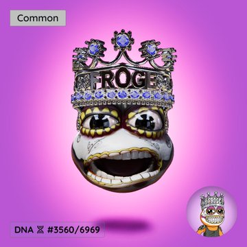 A 3D rendered, grinning egg-shaped character wearing a jeweled crown with the word 'FROG' on it, displayed on a pink background with the text 'Common' in the top left and 'DNA № 3560/6969' at the bottom.