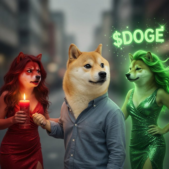 A Shiba Inu stands confidently between two anthropomorphic figures—a red-clad woman holding a lit candle and a green-clad woman—beneath a glowing "$DOGE" sign in a blurred cityscape. The composition embodies the post's "eyes on the prize" message, with the central Doge character focused forward while symbolic figures of red (bearish/fear) and green (bullish/profit) flank him in the crypto chase.