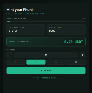The image shows a "Mint your Phunk" interface for minting NFTs, displaying a free mint offer where the first 2 are free and 0.00 USDT each, with a supply of 400/10,000, 0/2 free mints remaining, a USDT balance of 0.02, an estimated total cost of 0.28 USDT, and a quantity selector set to 2 with a successful confirmation message at the bottom. The interface relates to the post's mention of a free mint opportunity on Stable Chain, with the user appearing to have just completed minting 2 Phunks at a very low cost.