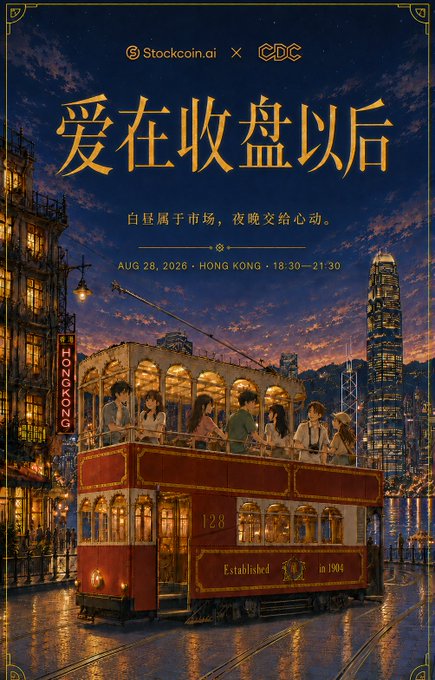 The image is a promotional poster for a "Stockcoin.ai x CDC" event titled "爱在收盘以后" (Love After Market Close), featuring an anime-style illustration of a vintage double-decker tram (numbered 128) carrying passengers through a nostalgic Hong Kong streetscape at dusk.

The poster advertises the event on August 28, 2026, in Hong Kong from 18:30-21:30, with the tagline "白昼属于市场，夜晚交给心动" (Daytime belongs to the market, nighttime to matters of the heart)—directly tying into the post's romantic tram-chartering event blending finance and dating themes.

Key visible text:
- "Stockcoin.ai × CDC"
- "爱在收盘以后" (Love After Market Close)
- "白昼属于市场，夜晚交给心动"
- "AUG. 28, 2026 · HONG KONG · 18:30—21:30"
- "Established 1904